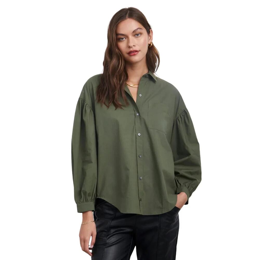 Rails Janae Button Down Shirt in Olive Smoke Small Cotton Blend